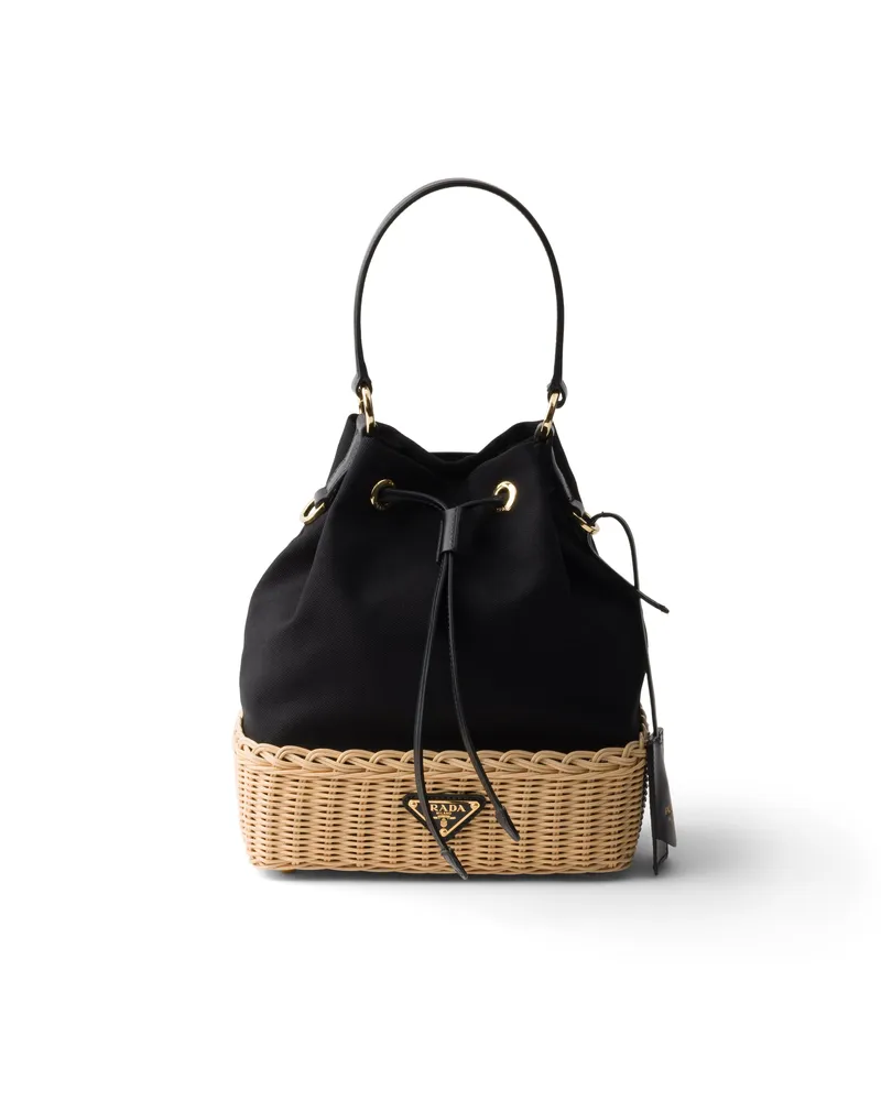 Prada Bucket Bag Aus Korbgeflecht Und Canvas, Damen, Hellbraun/schwarz Hellbraun