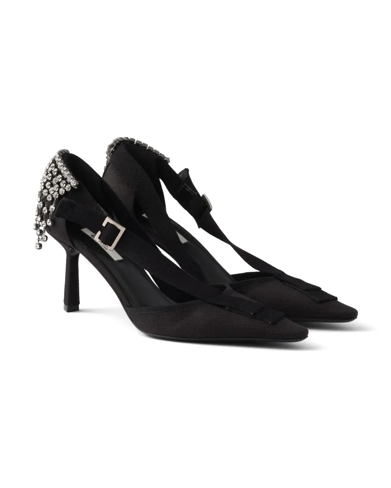 Prada Pumps Aus Canvas Mit Kristallen, Damen, Schwarz, Größe Schwarz