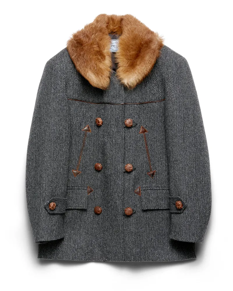 Prada Doppelreihiger Caban Mit Fischgrätenmuster, Damen, Anthrazitgrau, Größe Anthrazitgrau