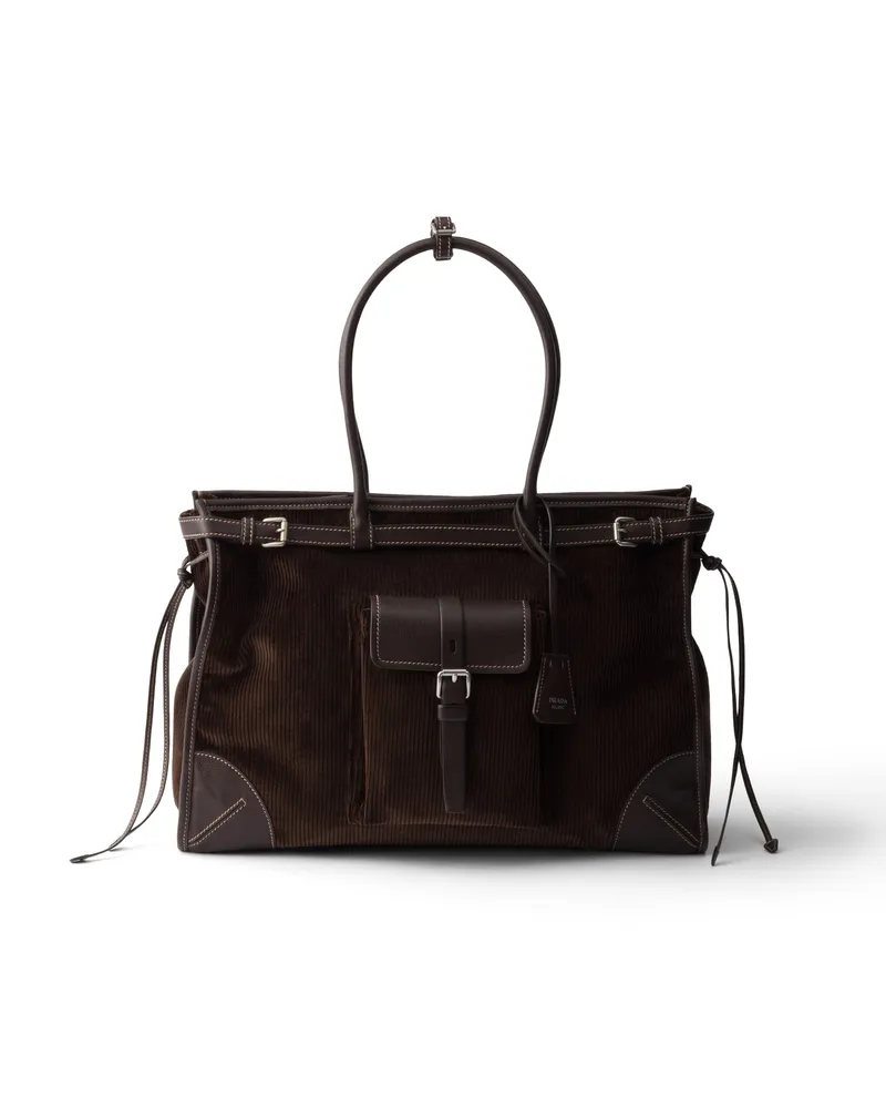 Prada Bonnie Extra Große Handtasche Aus Cord Und Leder, Damen, Ebenholz Ebenholz