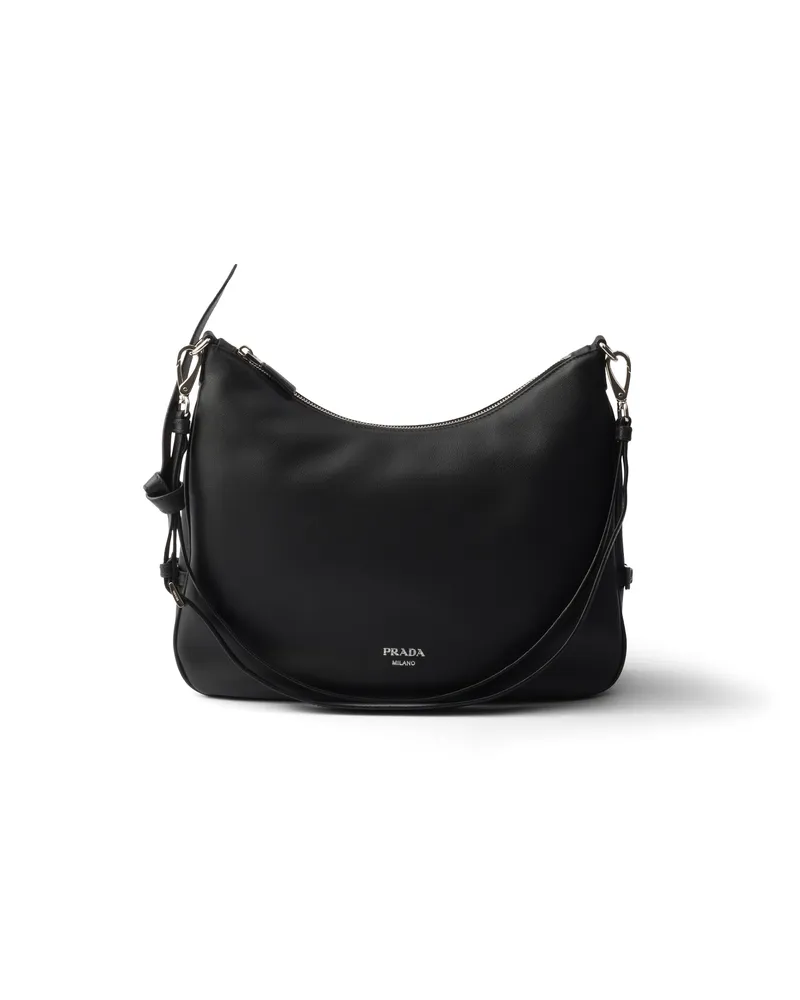 Prada Fold Große Schultertasche Aus Leder, Damen, Schwarz Schwarz