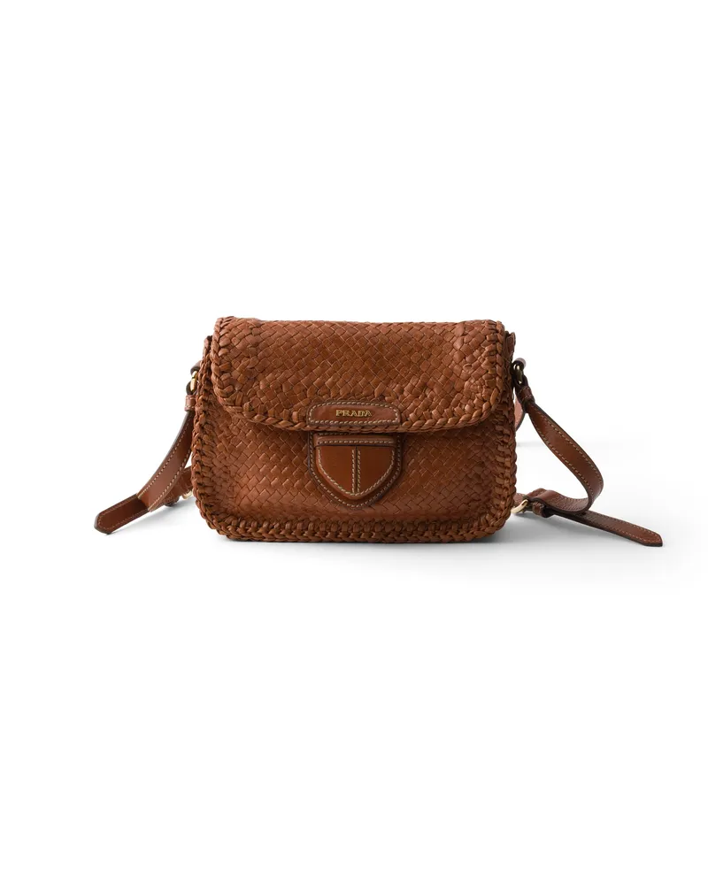 Prada Mini-schultertasche Aus Geflochtenem Leder, Damen, Cognac Cognac