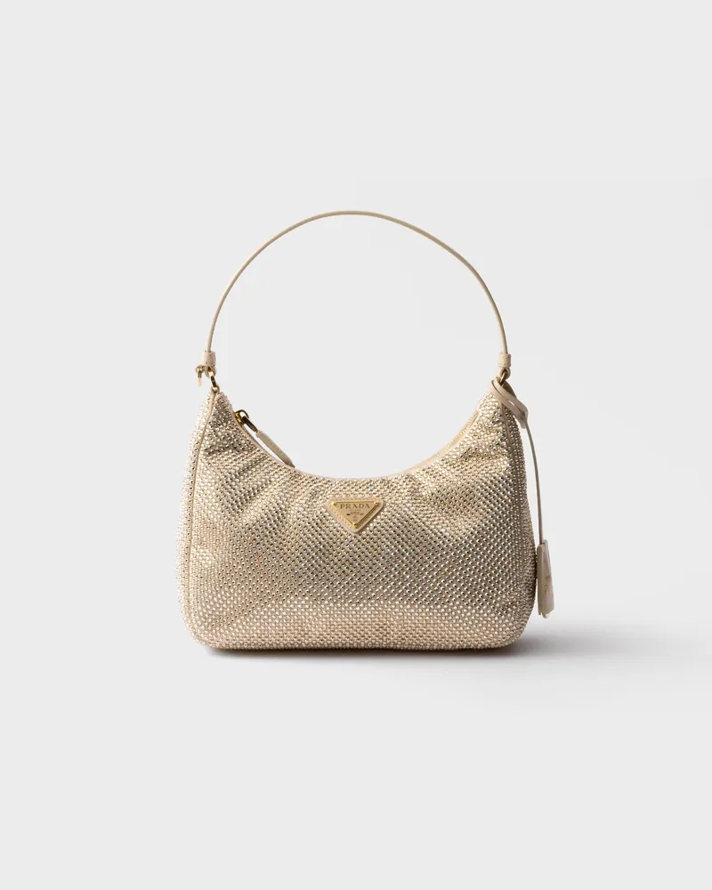 Prada Re-Edition 2005 Tasche aus Satin mit Kristallen Sandbeige