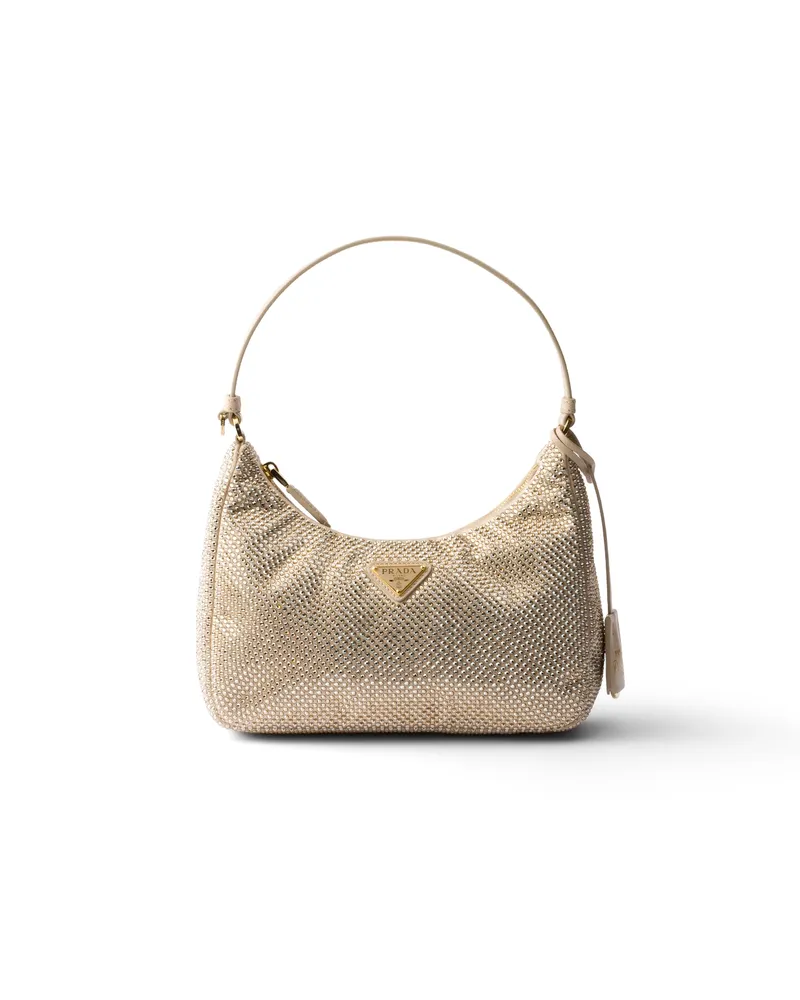 Prada Re-edition 2005 Tasche Aus Satin Mit Kristallen, Damen, Sandbeige Sandbeige