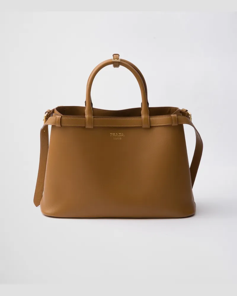 Prada Mittelgroße  Buckle Handtasche aus Leder mit doppeltem Gürtel Karamell