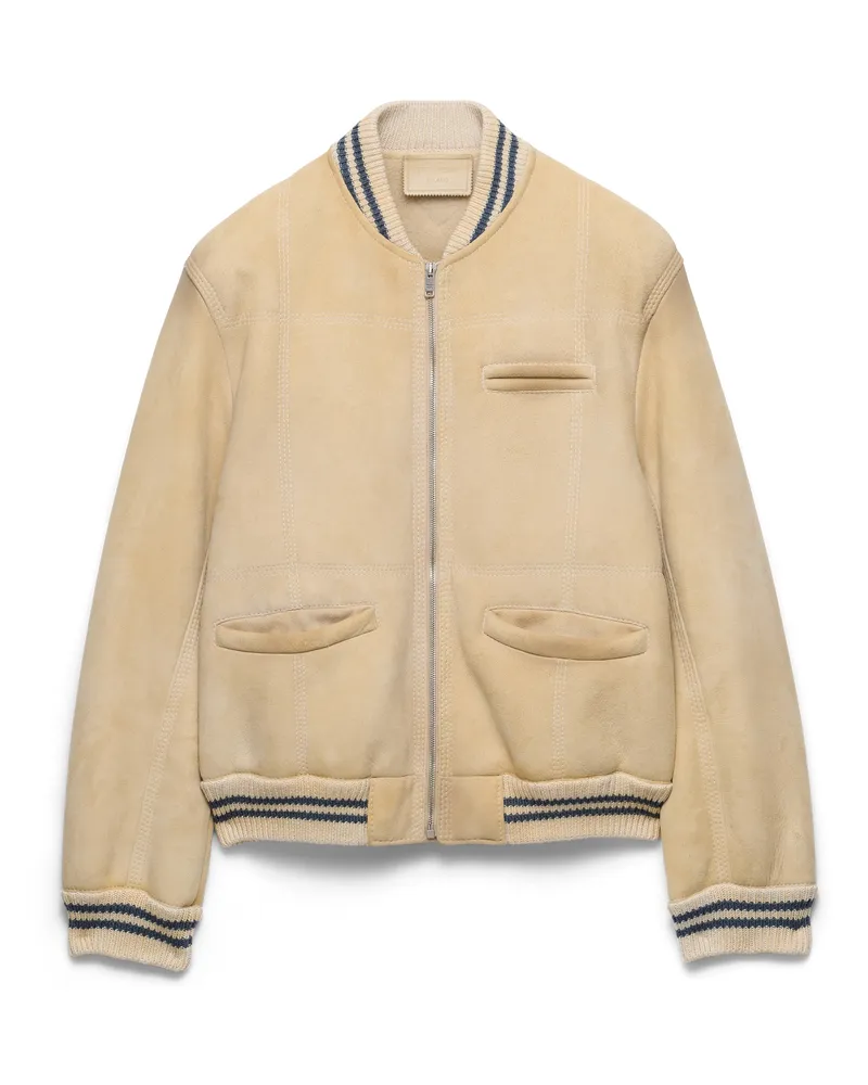 Prada Bomberjacke Aus Lammfell, Herren, Elfenbein/elfenbein, Größe Elfenbein