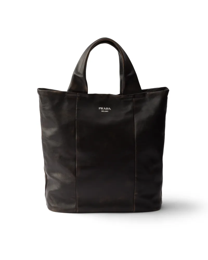 Prada Tote Bag Aus Nappa-leder In Used-optik, Herren, Dunkelbraun Dunkelbraun