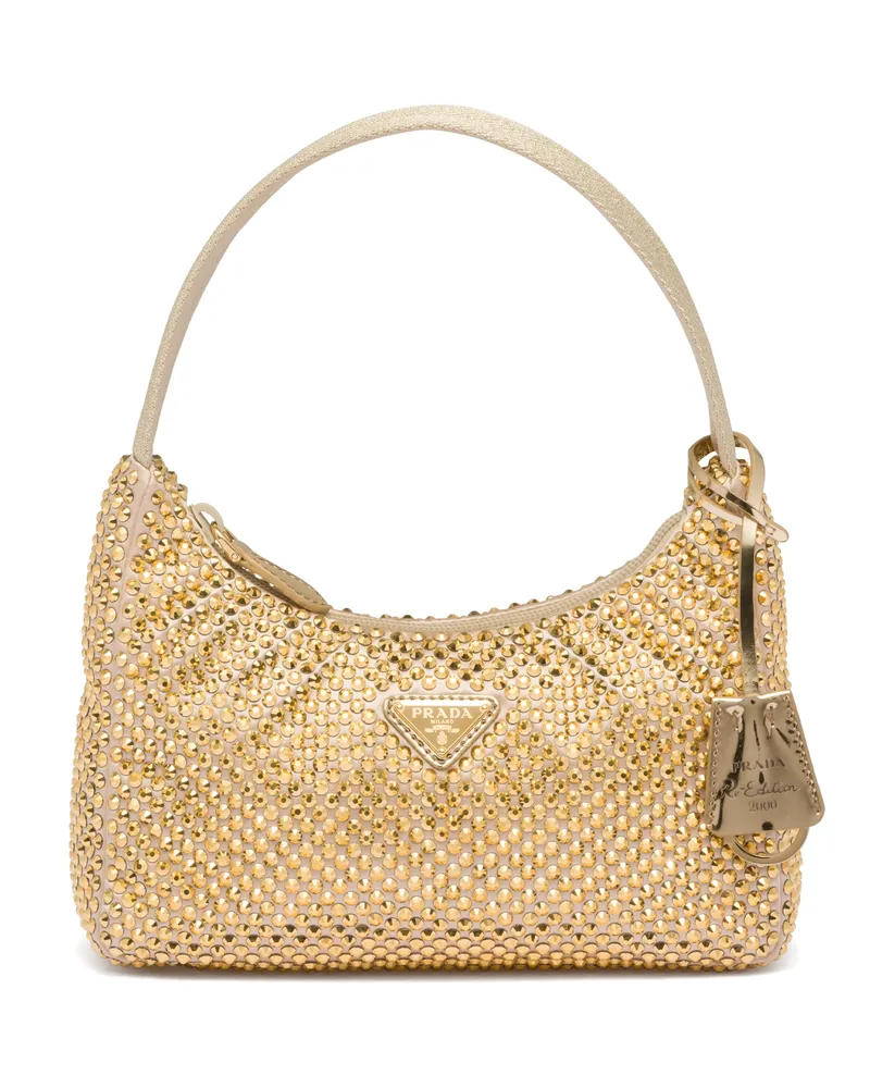 Prada Re-edition Mini Bag Aus Satin Mit Kristallen, Damen, Platin Platin