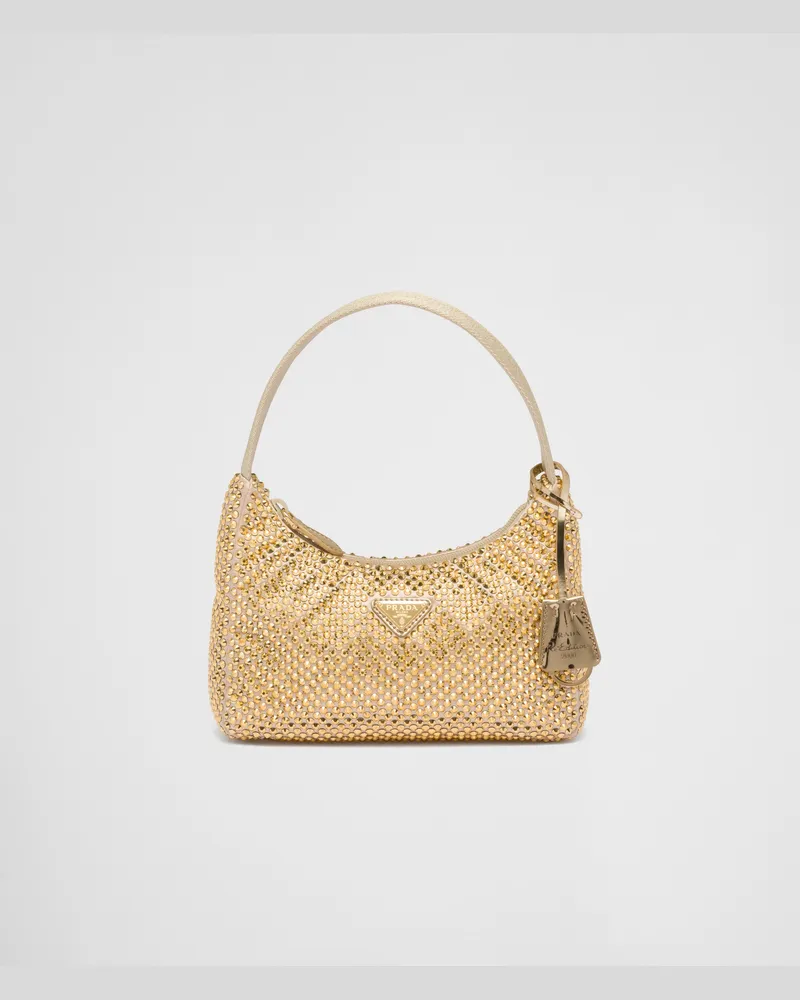 Prada Re-Edition Mini Bag aus Satin mit Kristallen Platin