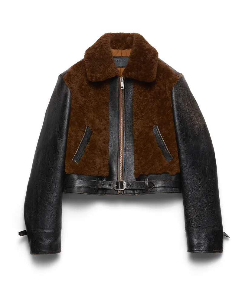 Prada Jacke Aus Leder Und Lammfell, Damen, Schwarz/gebrannte Sienna, Größe Schwarz