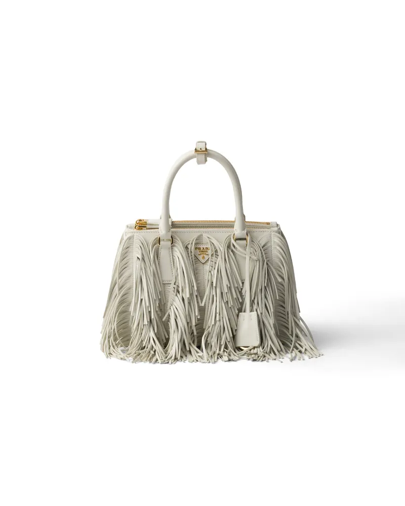 Prada Kleine  Galleria Tasche Aus Leder Mit Fransen, Damen, Weiss Weiss