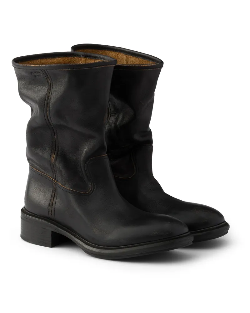 Prada Stiefel Aus Leder Mit Vintage-effekt, Damen, Schwarz, Größe Schwarz