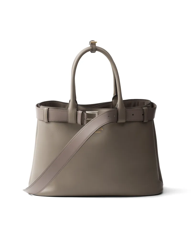 Prada Große  Buckle Handtasche Aus Leder Mit Gürtel , Damen, Lehmgrau Lehmgrau