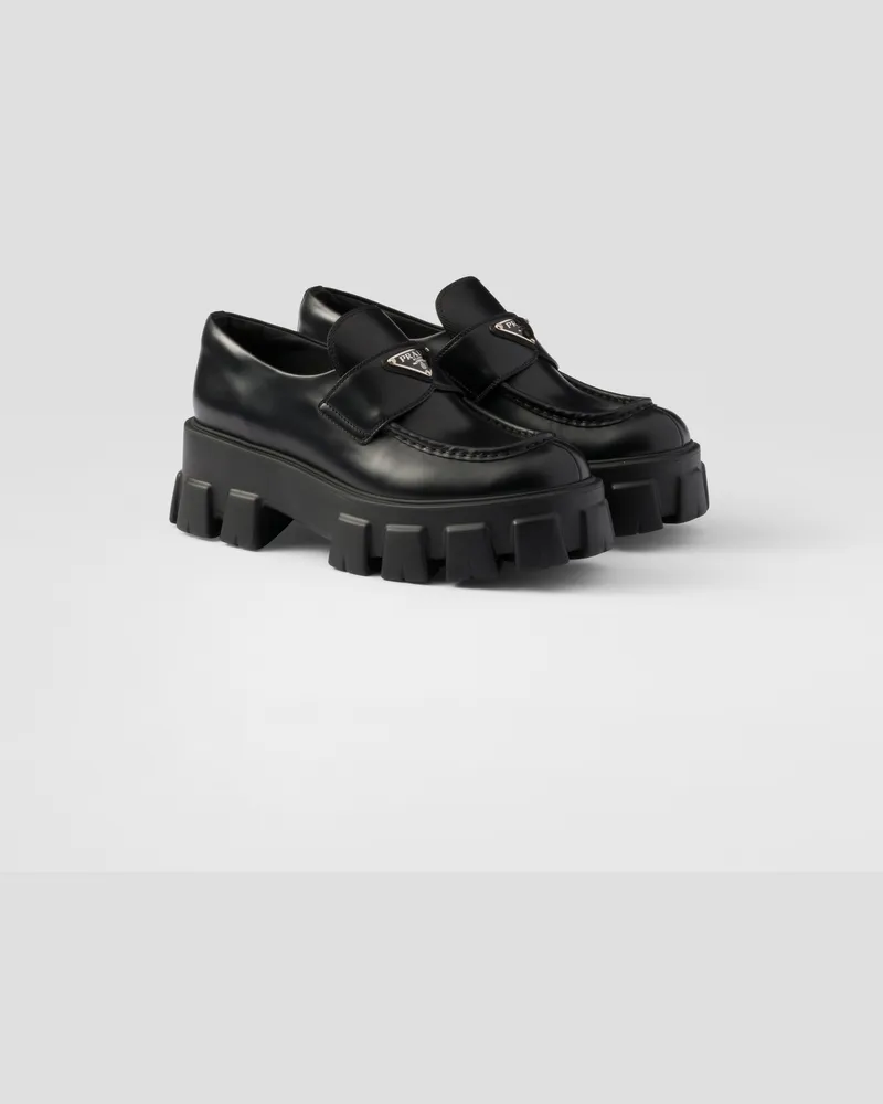 Prada Monolith Mokassins Aus Gebürstetem Leder, Damen, Schwarz, Größe Schwarz