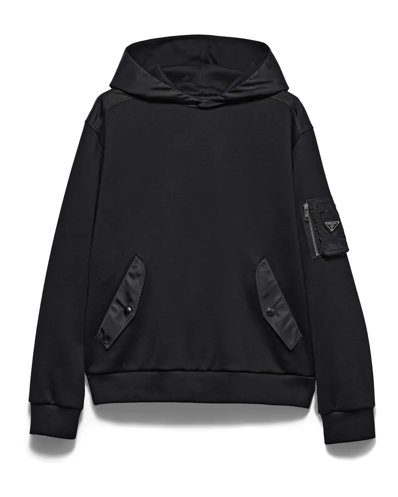Prada Kapuzenpullover Aus Baumwollfleece Und Re-nylon, Herren, Schwarz/schwarz, Größe Schwarz