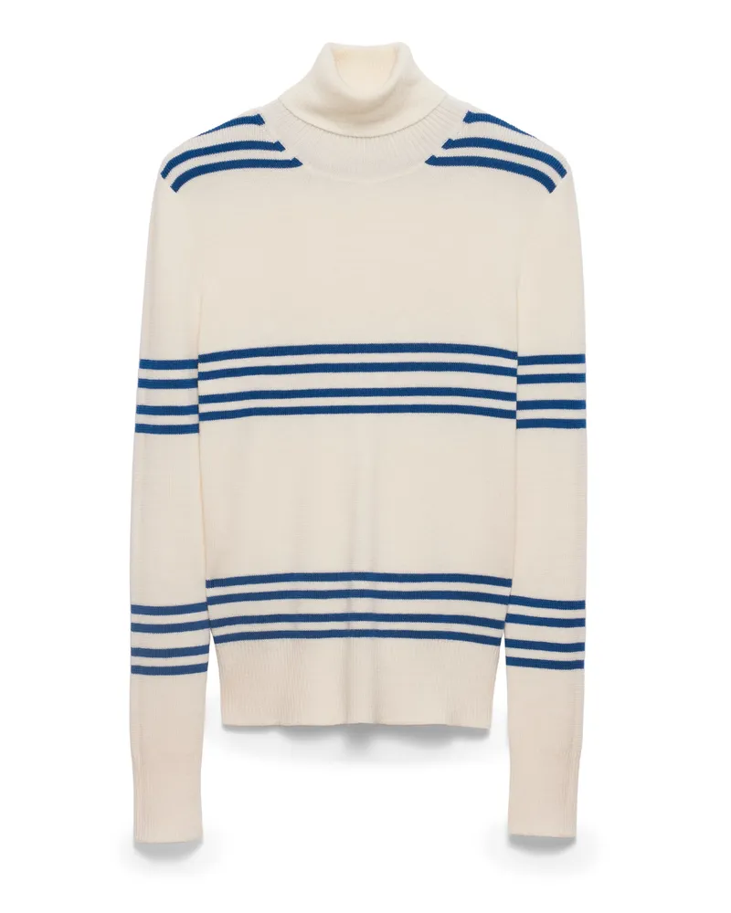 Prada Rollkragenpullover Aus Gestreifter Wolle, Damen, Natur/blaugrün, Größe Natur