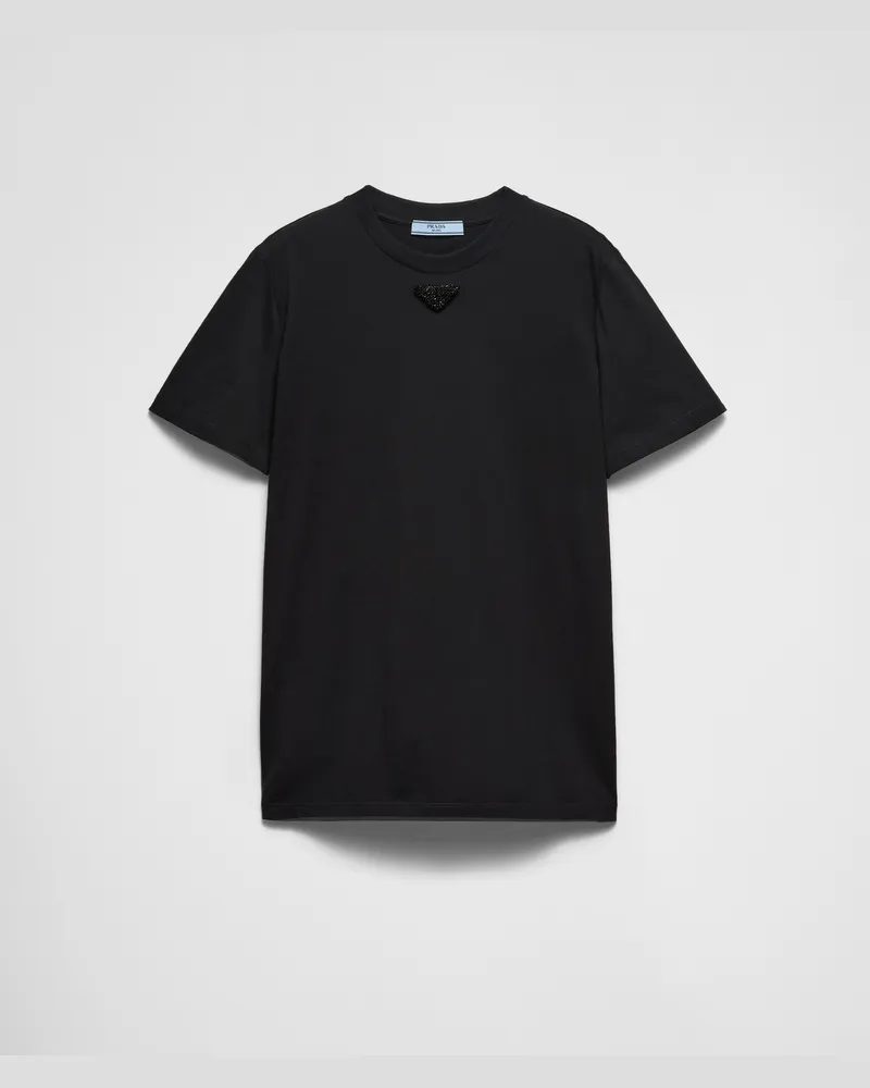 Prada T-Shirt aus Jersey mit gesticktem Triangolo Schwarz