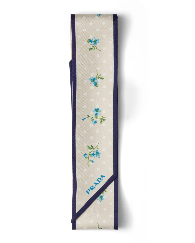 Prada Schmaler Schal Aus Bedrucktem Seidentwill, Damen, Natur/blau Natur