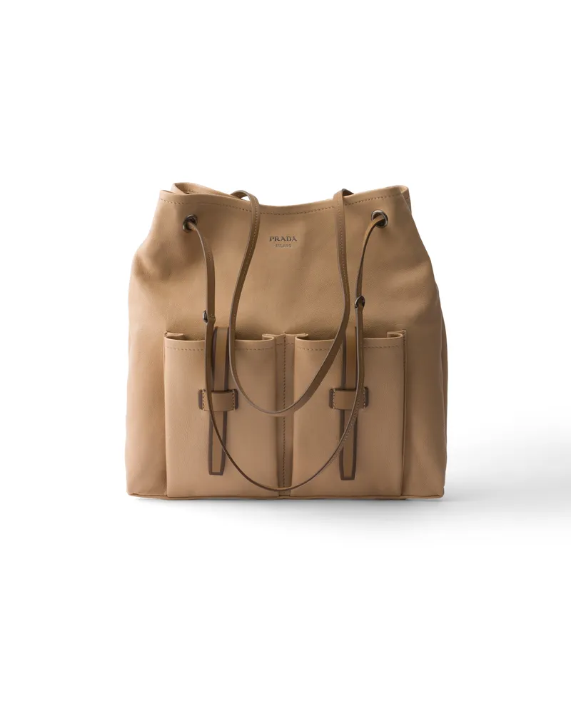 Prada Route Große Tasche Aus Leder, Damen, Sandbeige Sandbeige