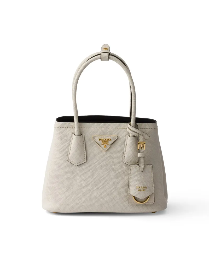 Prada Double Mini Bag Aus Saffiano-leder, Damen, Kalkweiss/schwarz Kalkweiss