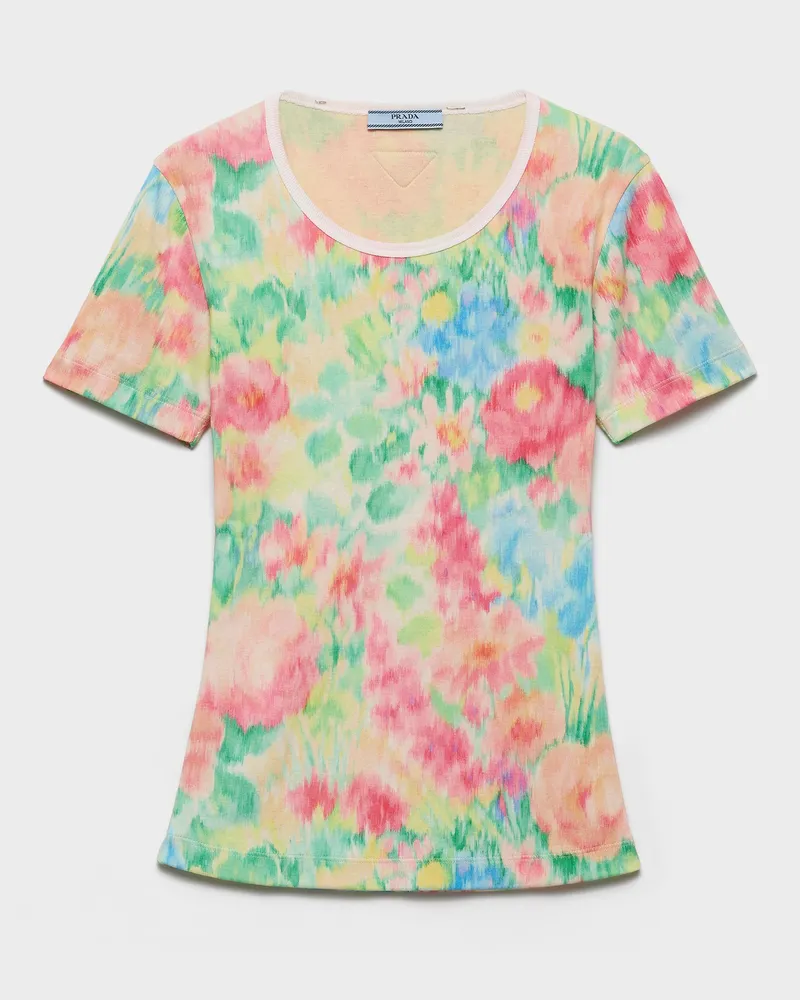Prada Bedrucktes T-Shirt aus Baumwollstrick mit Rippstrick Grün
