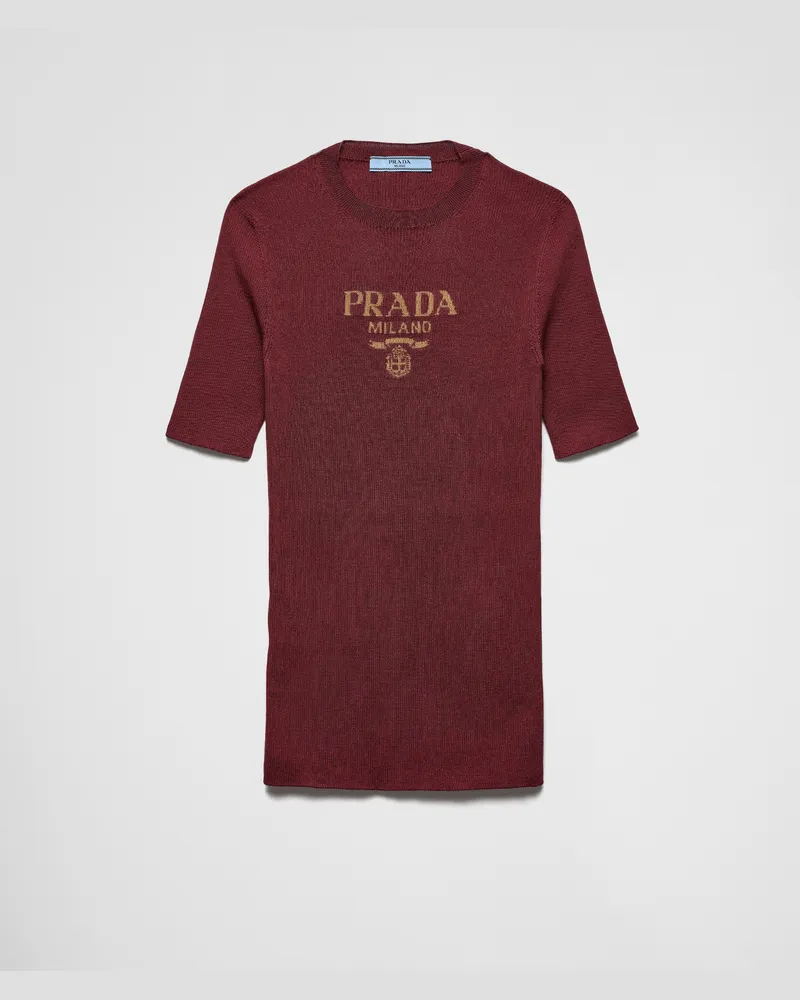 Prada Rundhalspullover aus Seide mit Logo Amaranthrot