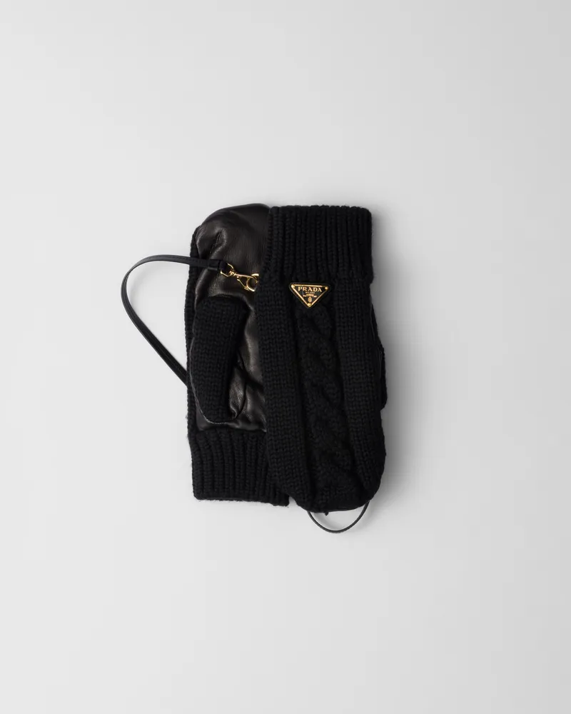 Prada Fäustlinge aus Wolle und Nappa-Leder Schwarz