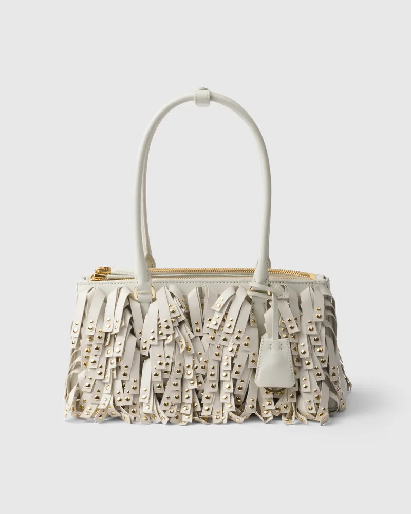 Prada Mittelgroße  Galleria Tasche aus Nappa-Leder mit Fransen und Nieten Weiss