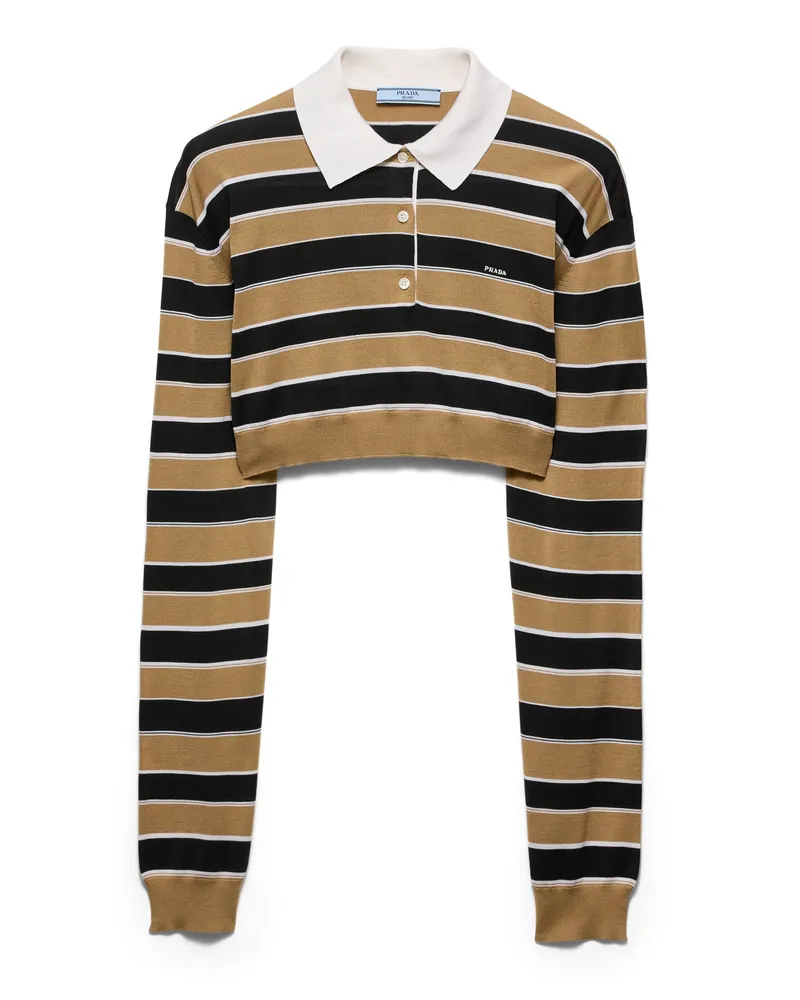 Prada Gestreiftes Poloshirt Aus Seide Mit Kurzem Schnitt, Damen, Sand/schwarz, Größe Sand