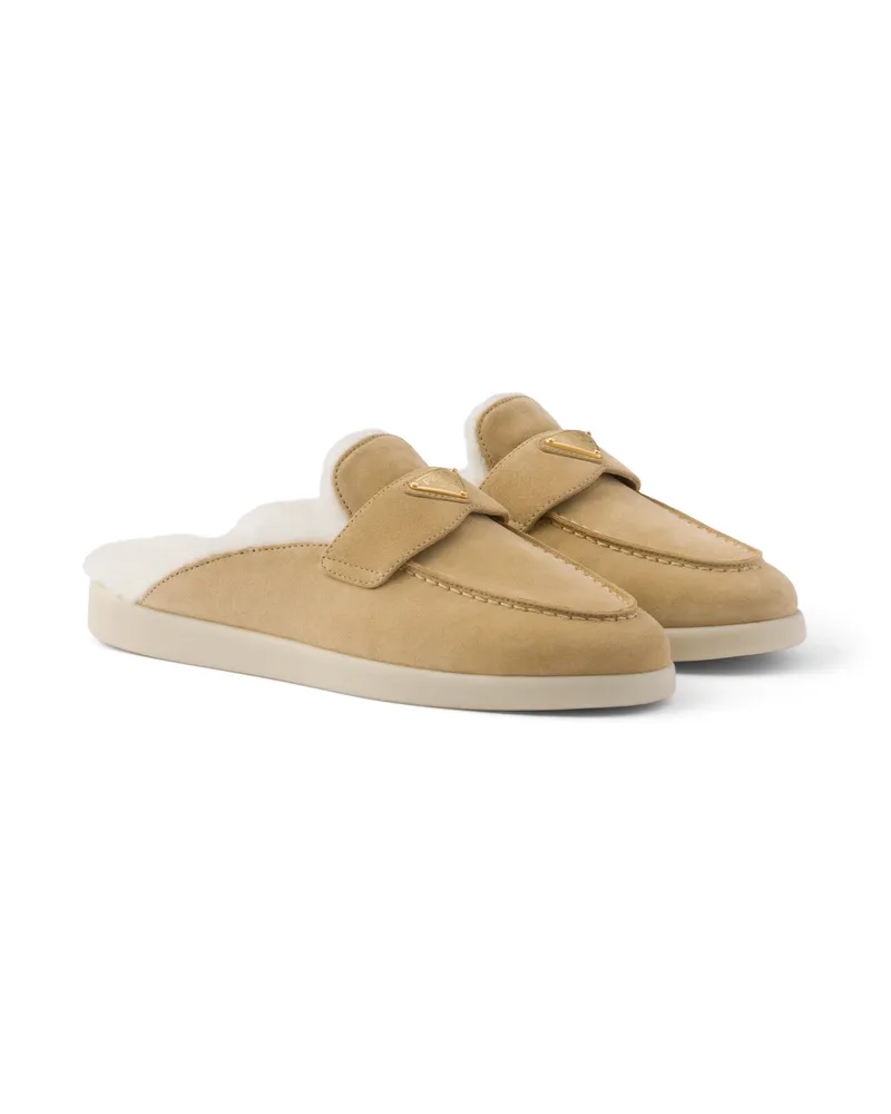 Prada Slipper Aus Wildleder Und Lammfell, Damen, Ecru, Größe Ecru