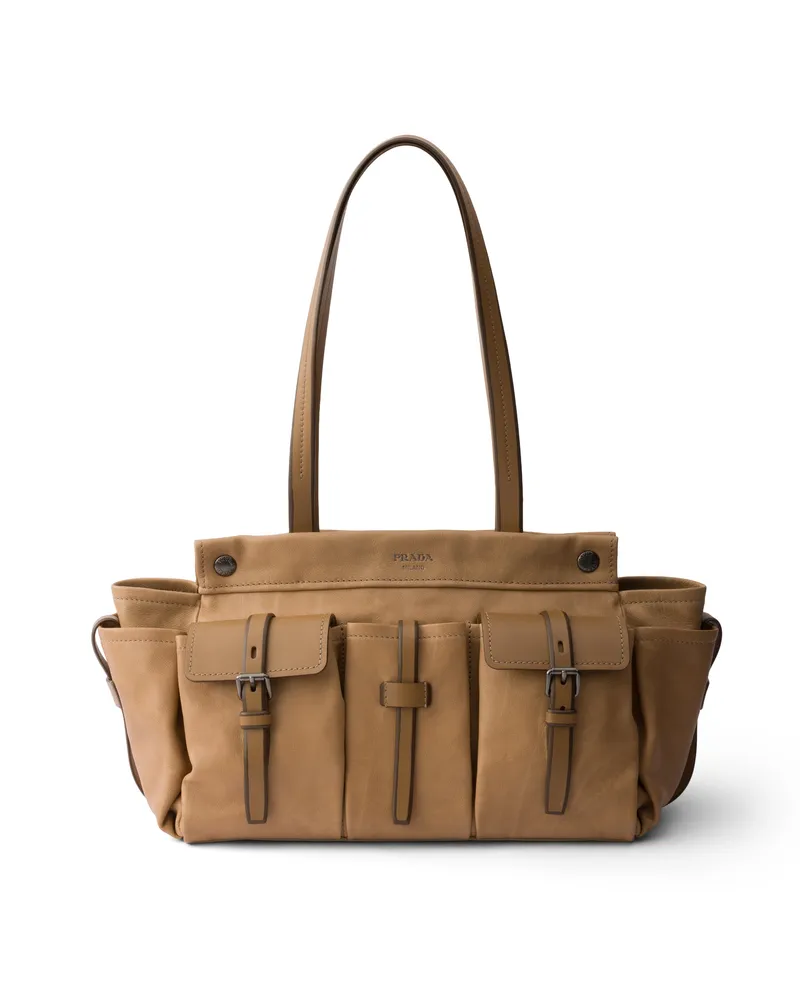 Prada Route Große Tote Bag Aus Leder, Damen, Sandbeige Sandbeige