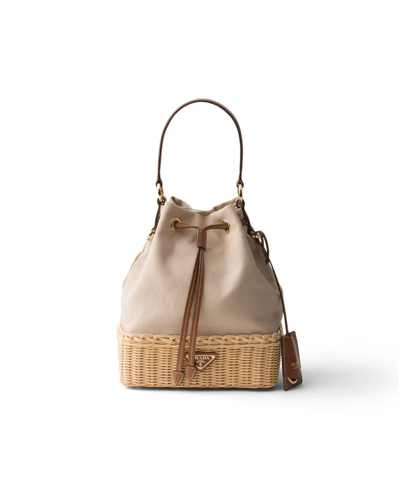 Prada Bucket Bag Aus Korbgeflecht Und Canvas, Damen, Natürlich/schnur Natürlich