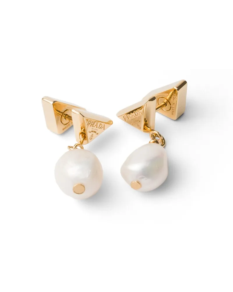 Prada Ohrringe Aus Metall Mit Perlgrauen Perlen, Damen, Gold/perlgrau Gold