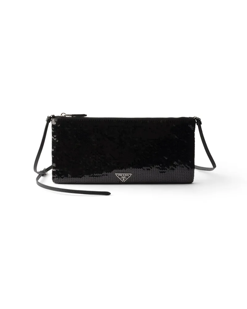 Prada Kleine Schultertasche Aus Satin Und Pailletten, Damen, Schwarz Schwarz