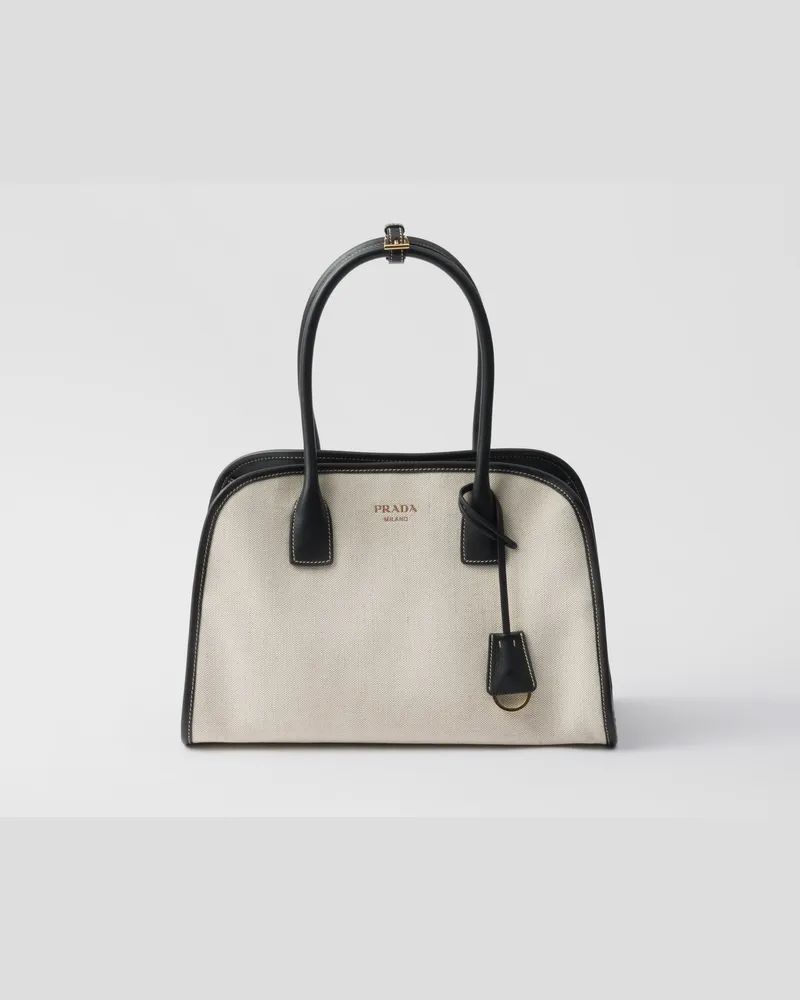 Prada Mittelgroße Tote Bag aus Leinenmischgewebe und Leder Hellbraun