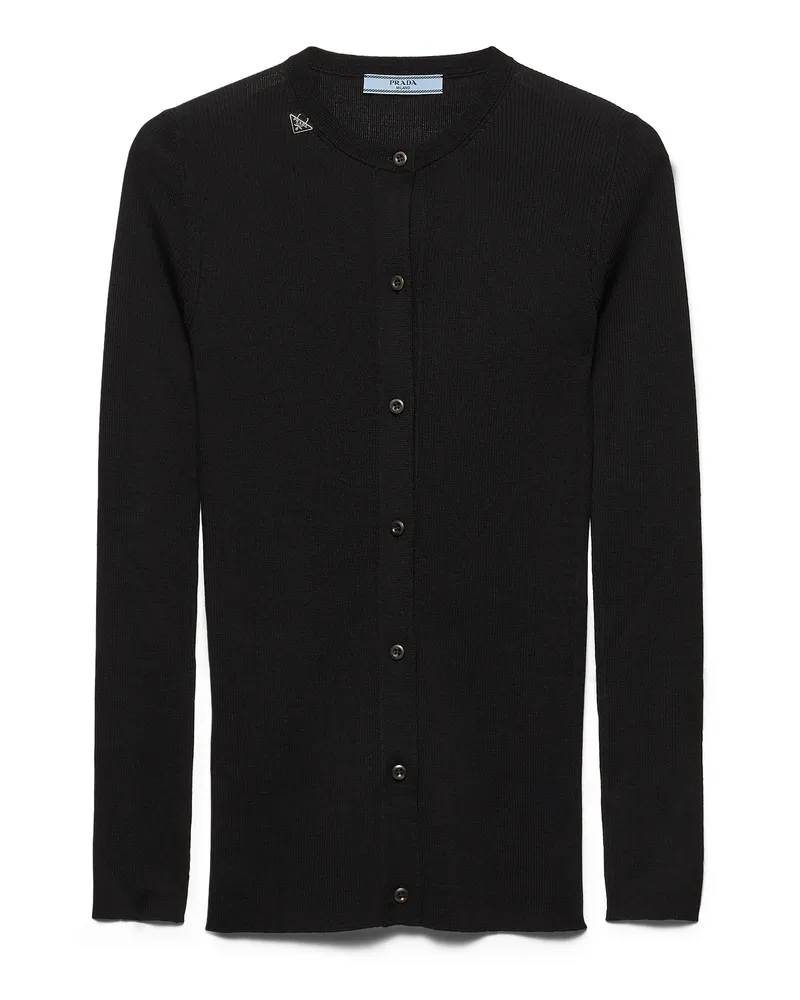 Prada Cardigan Aus Rippstrickwolle, Damen, Schwarz, Größe Schwarz