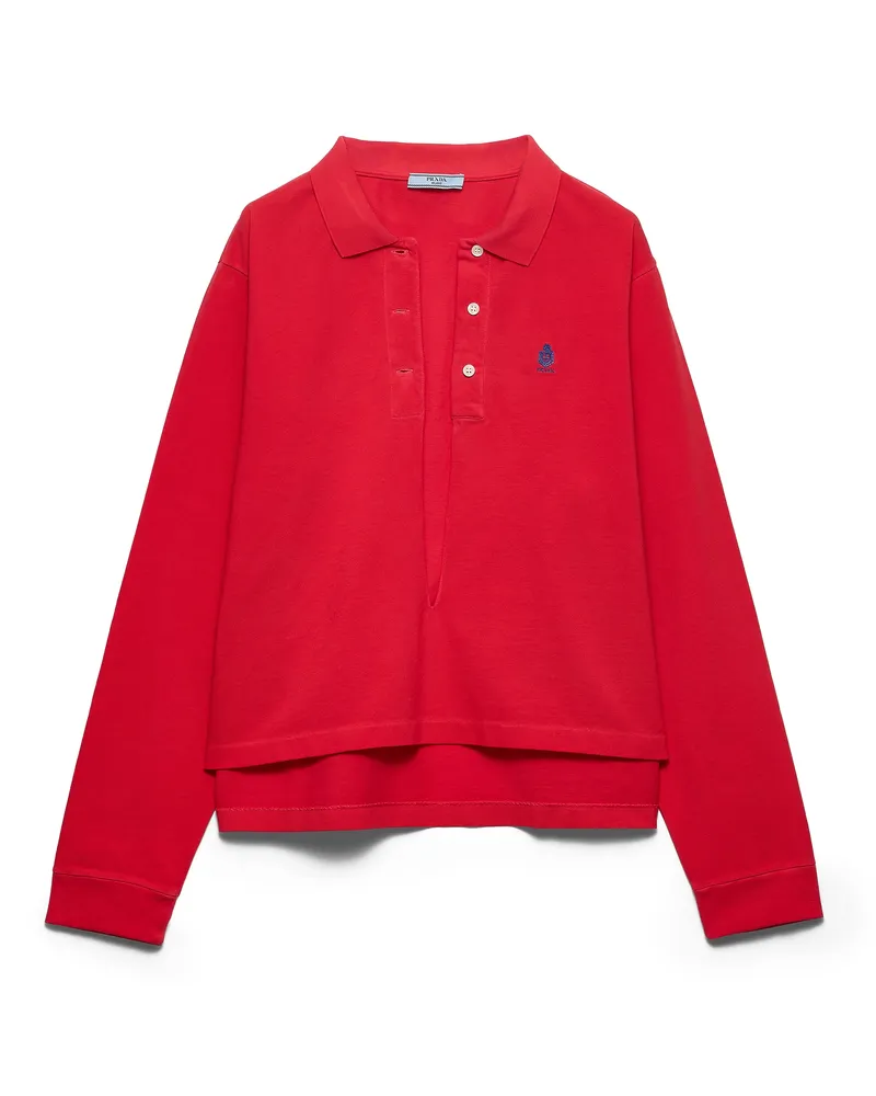 Prada Langarm-poloshirt Aus Baumwollpiqué, Damen, Rot, Größe Rot