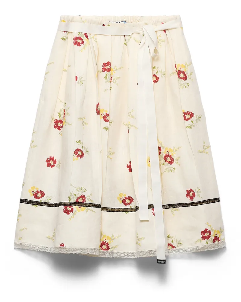 Prada Rock Aus Leinenmischgewebe Mit Blumenprint, Damen, Rubinrot, Größe Rubinrot