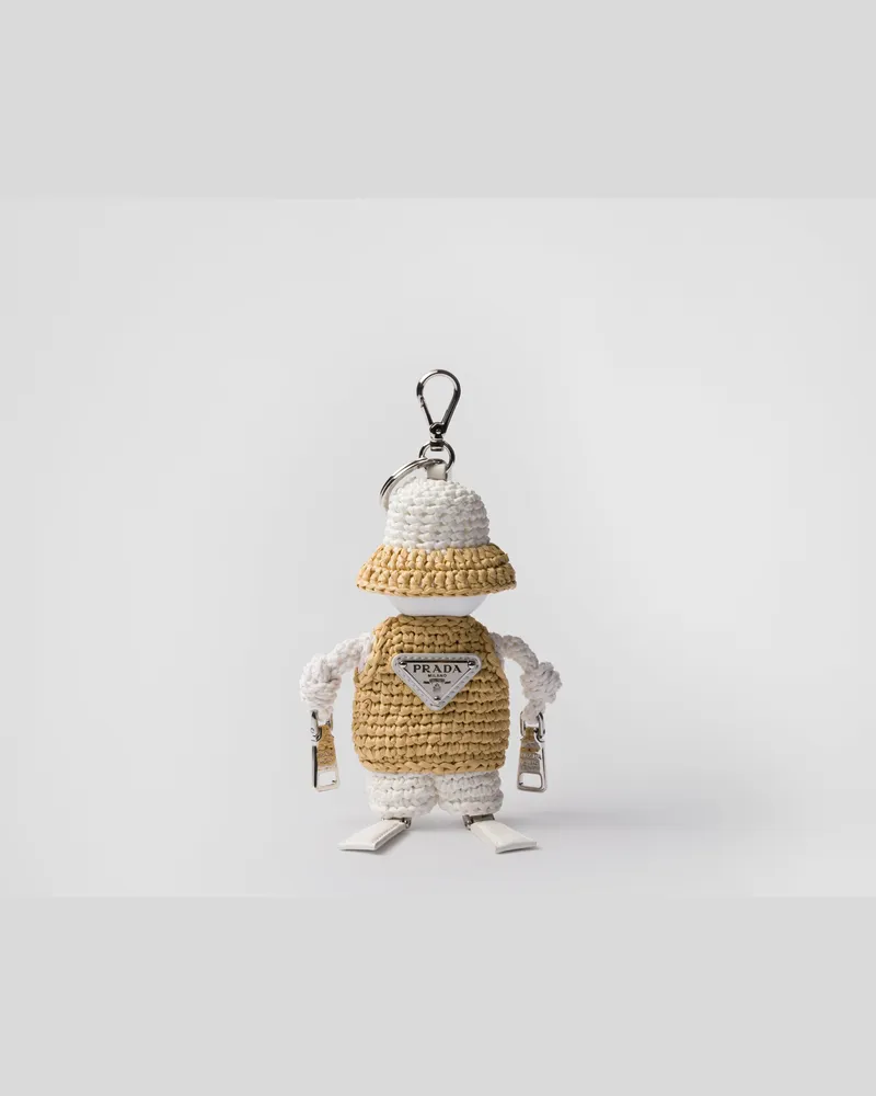 Prada Weicher Roboter-Taschenanhänger in Raphiabast-Optik Hellbraun