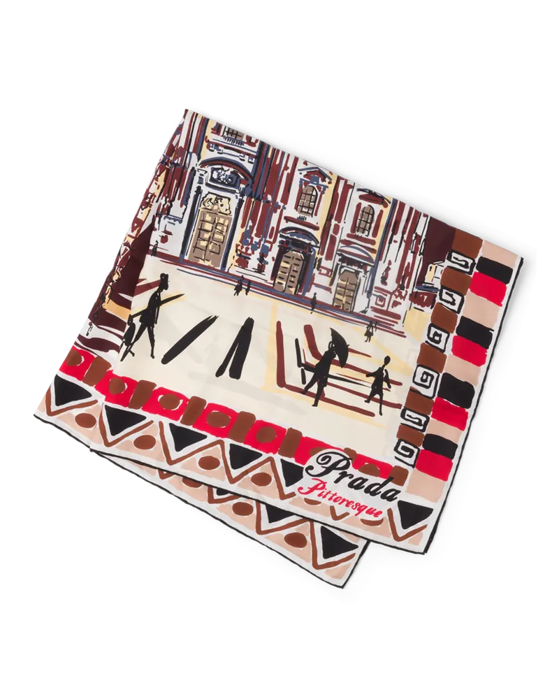 Prada Pittoresque-Tuch aus Seide mit Mailand-Print, 90 x 90 Burgunderrot