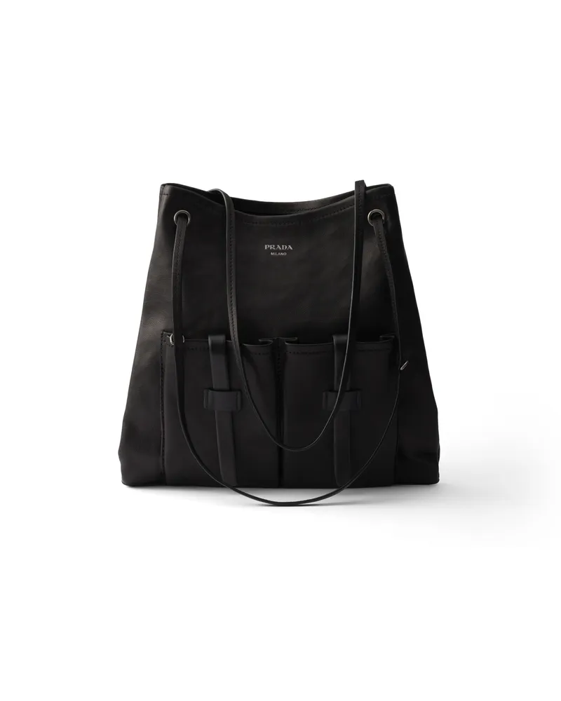 Prada Route Große Tasche Aus Leder, Damen, Schwarz Schwarz