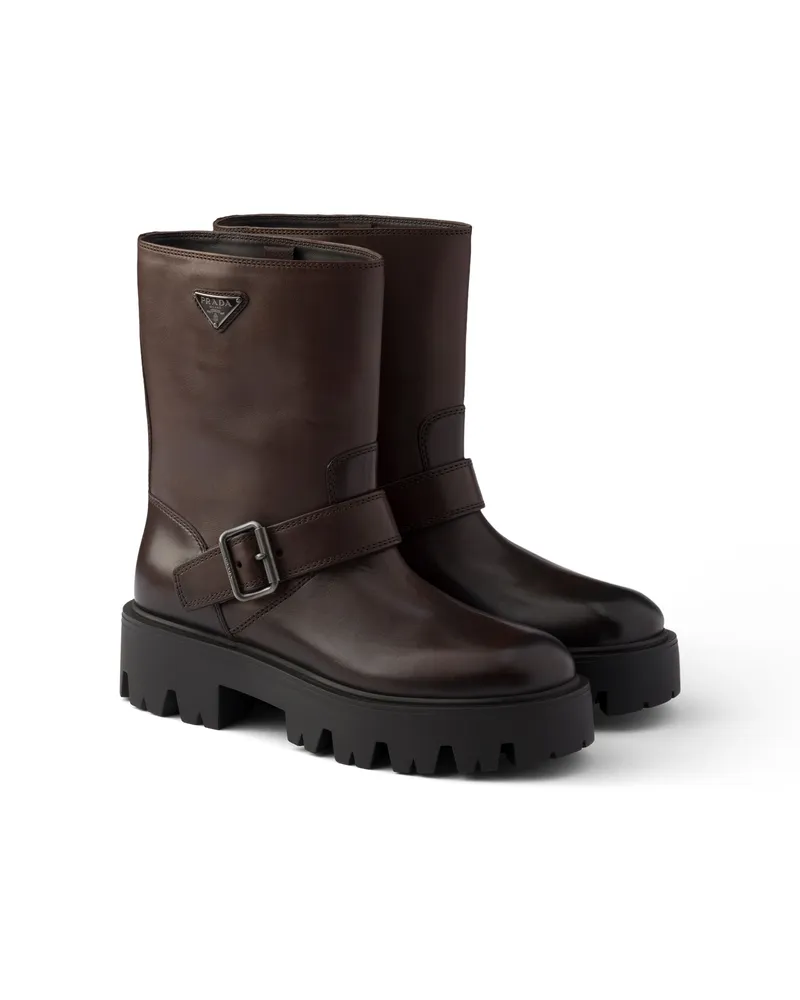 Prada Stiefel Aus Kalbsleder In Mittlerer Höhe, Damen, Teak, Größe Teak