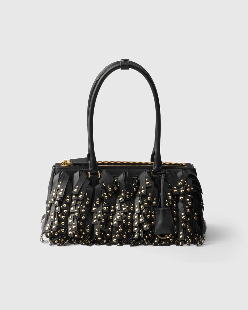 Prada Mittelgroße  Galleria Tasche aus Nappa-Leder mit Fransen und Nieten Schwarz