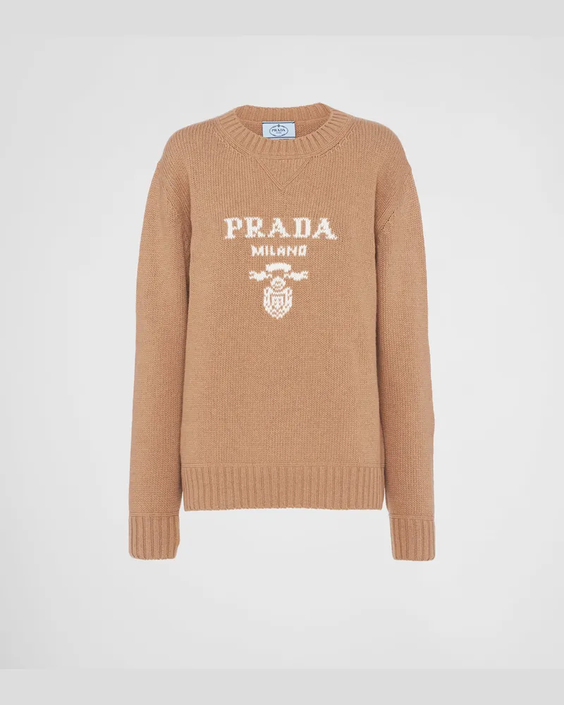 Prada Rundhalspullover aus Kaschmir und Wolle Kamelbraun