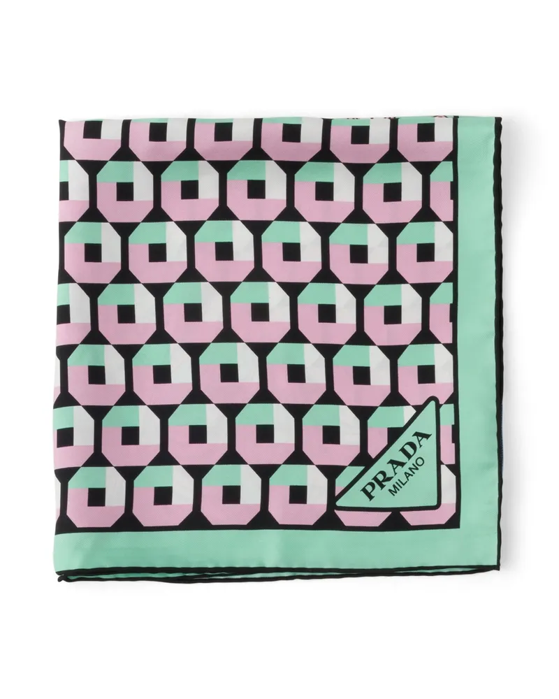 Prada Schal Aus Seidentwill Mit Print, 55 x 55, Damen, Mintgrün/blütenrosa Mintgrün