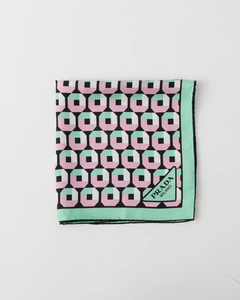 Prada Schal Aus Seidentwill Mit Print 55, Damen, Mintgrün/blütenrosa Mintgrün
