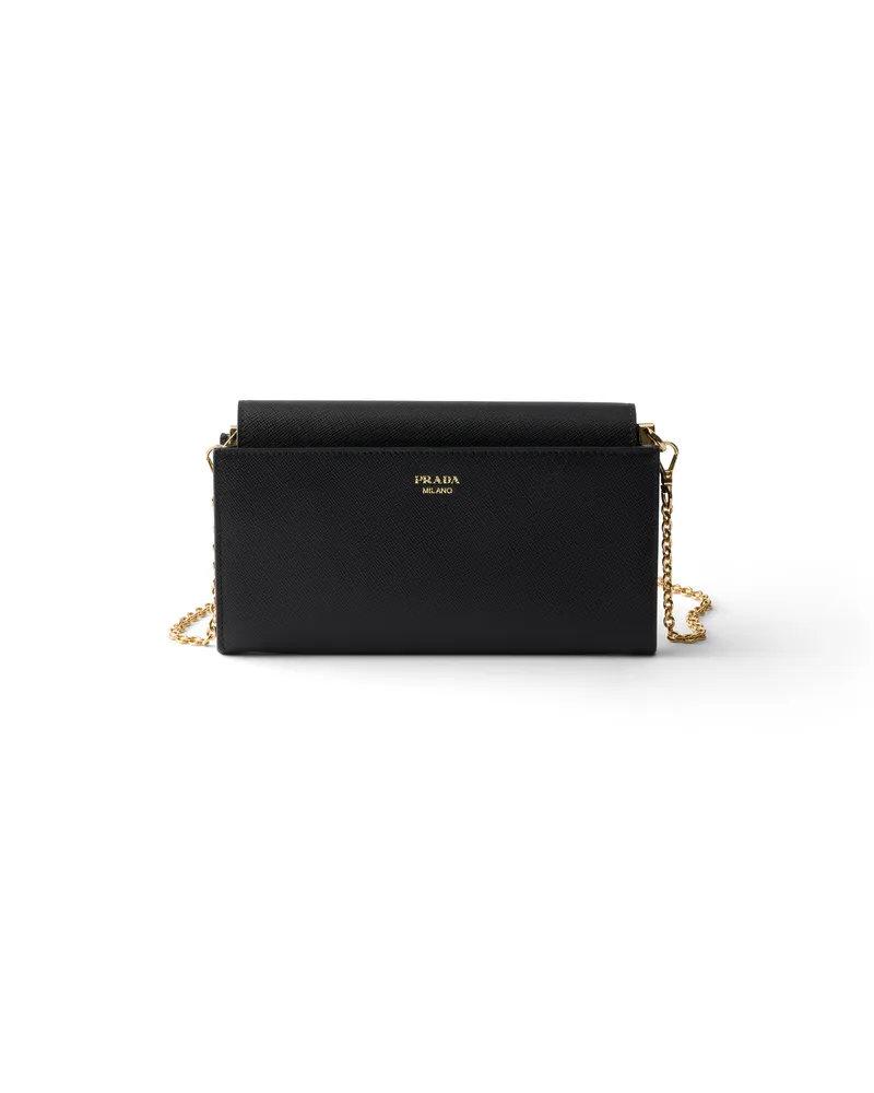Prada Saffiano Leather Wallet With Shoulder Strap, Damen, Schwarz Schwarz