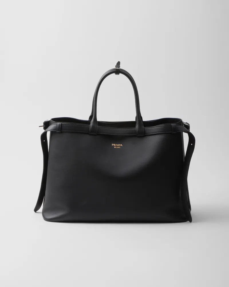 Prada Buckle Handtasche aus Leder mit doppeltem Gürtel Schwarz