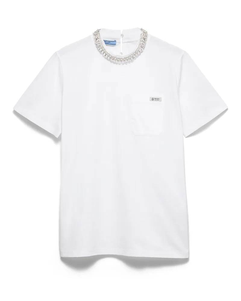 Prada Besticktes T-shirt Aus Jersey , Damen, Weiss, Größe Weiss
