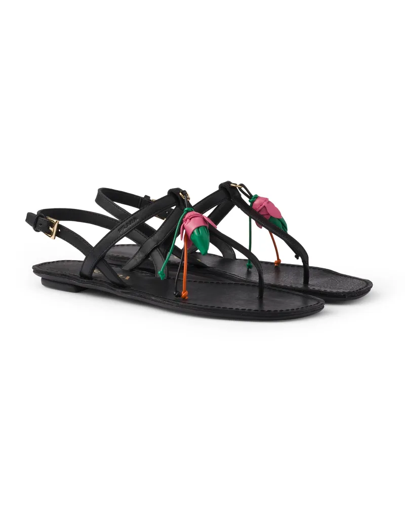 Prada Zehentrenner-sandalen Aus Antikisiertem Leder Mit Blumenverzierung, Damen, Schwarz, Größe Schwarz